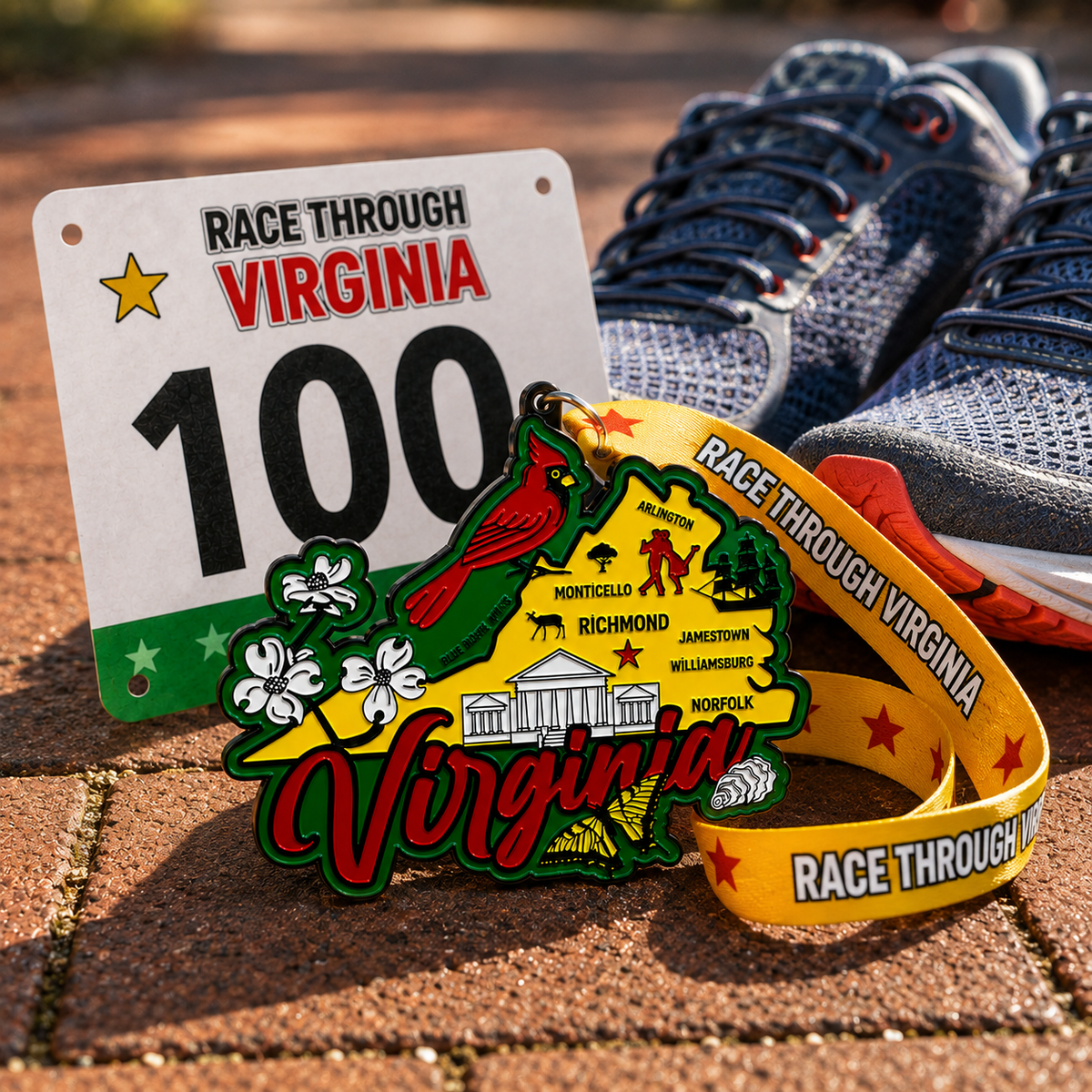 Virtualrunevent Virginia Race medal featuring a running shoe design for 5K, 10K, half marathon, and marathon finisher.