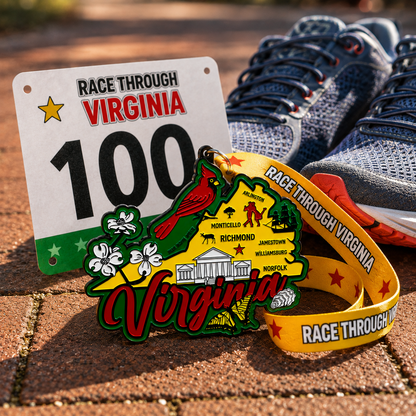 Virtualrunevent Virginia Race medal featuring a running shoe design for 5K, 10K, half marathon, and marathon finisher.