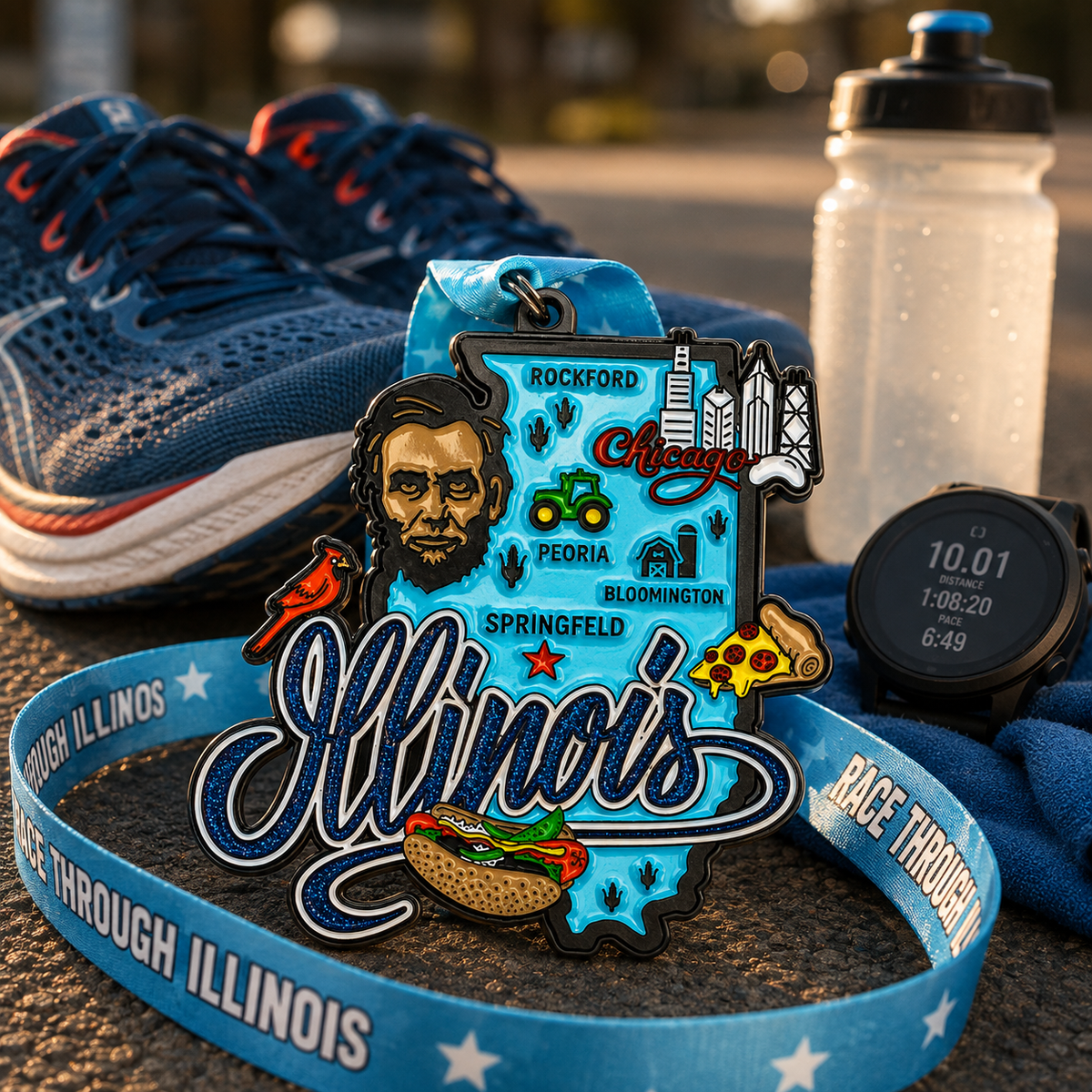 Medal from Virtualrunevent's Race Through Illinois virtual race featuring Illinois-themed design and running motifs.
