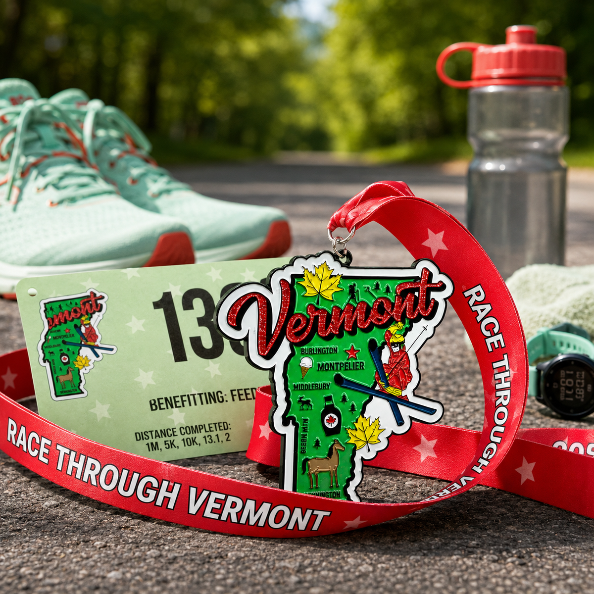 Virtualrunevent Race Through Vermont medal featuring a colorful design with runner imagery and Vermont scenic elements.