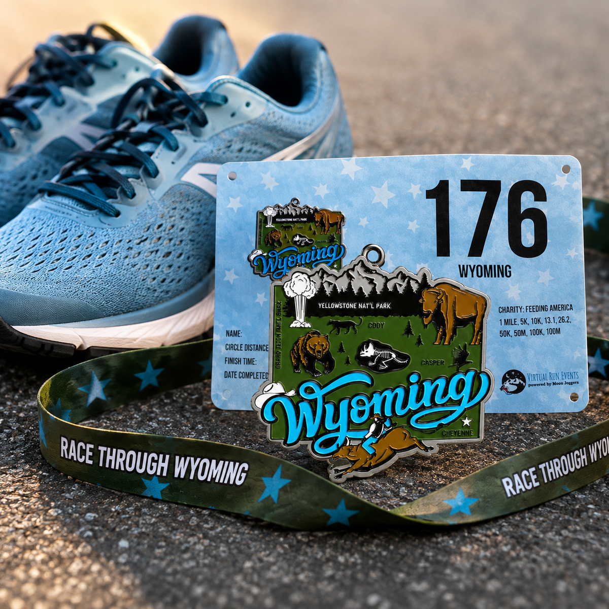 Medal for the Race Through Wyoming Virtual Race by virtualrunevent, featuring a running shoe design, awarded for 5K, 10K, half marathon, and marathon.