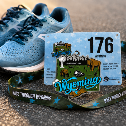 Medal for the Race Through Wyoming Virtual Race by virtualrunevent, featuring a running shoe design, awarded for 5K, 10K, half marathon, and marathon.