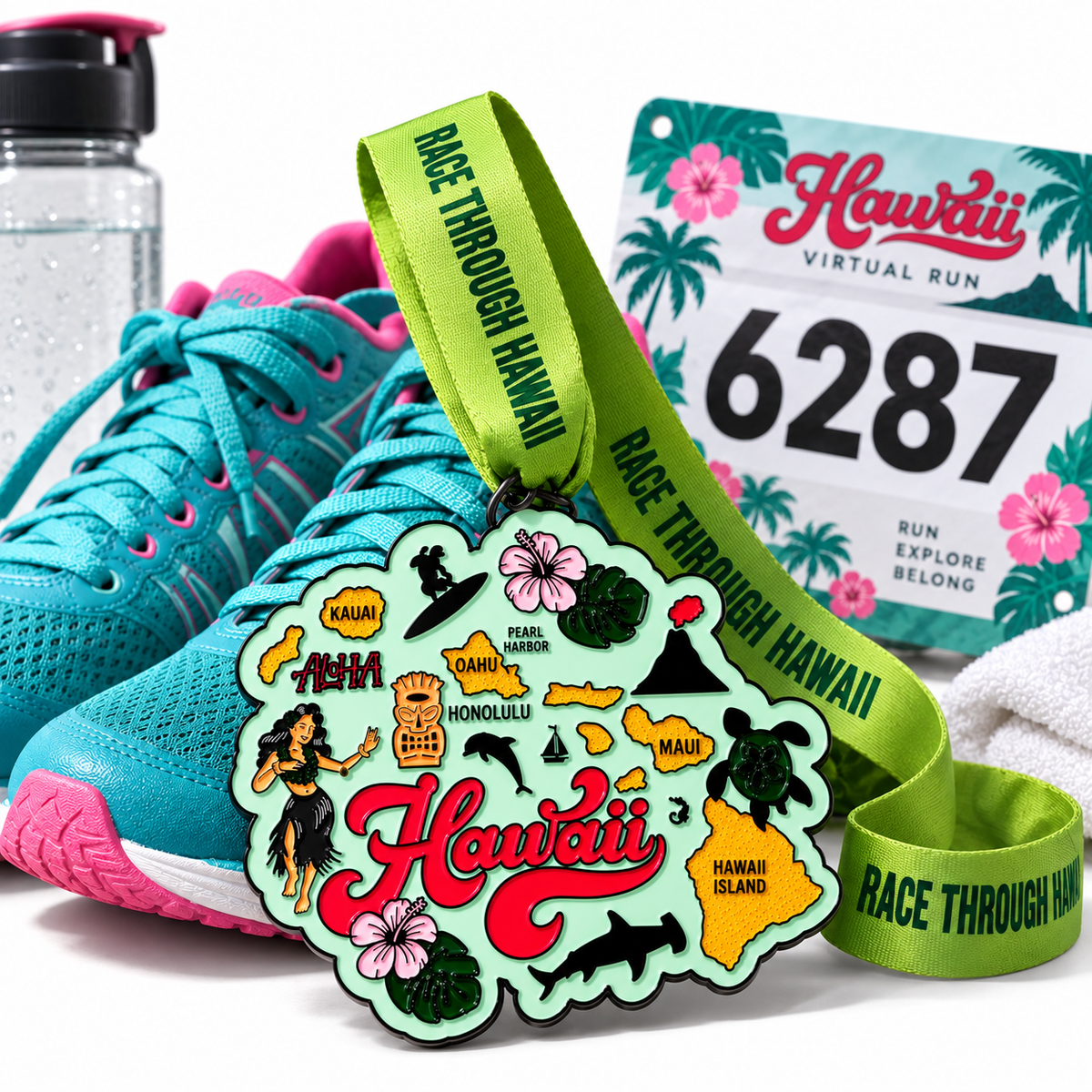 Virtualrunevent Race Through Hawaii medal with colorful design, showcasing a tropical theme and 5K to 50-mile challenge details.