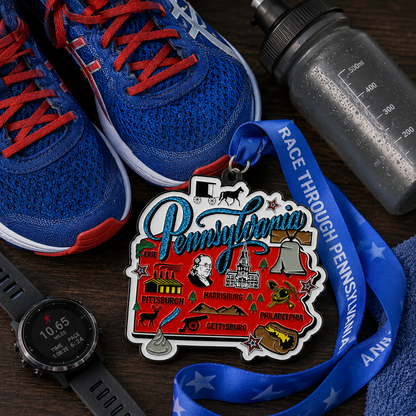 VirtualRunEvent medal for Race Through Pennsylvania Virtual Race 5K, 10K, half marathon, or marathon, with running shoes in the background.