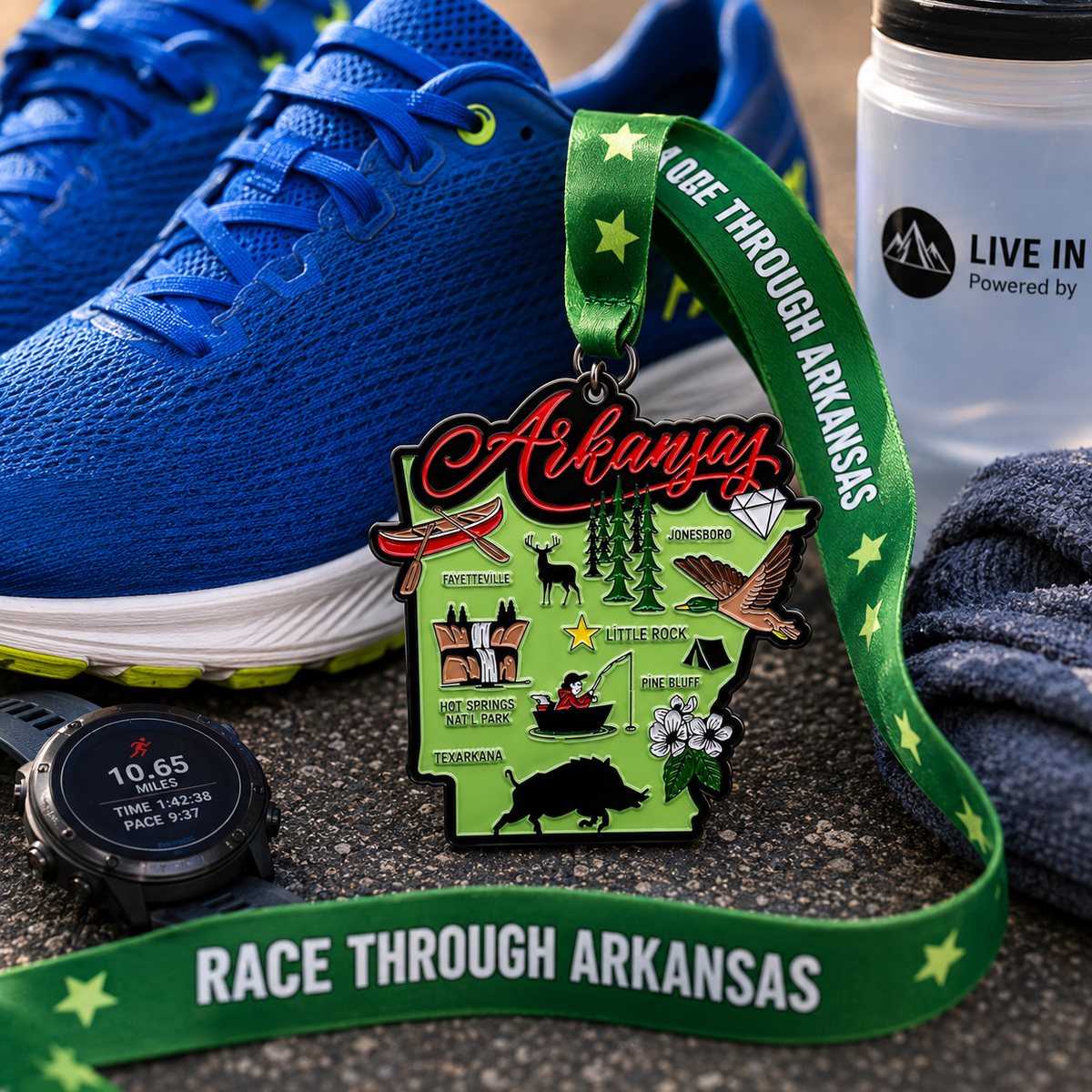 Virtualrunevent Race Through Arkansas medal featuring a running shoe and Arkansas map design for 5K, 10K, half marathon, and 50-mile challenge