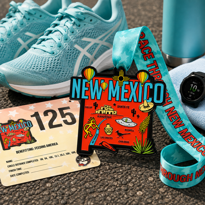 VirtualRunEvent New Mexico race medal featuring a running shoes design for 5K, 10K, half marathon, and 50-mile challenge.