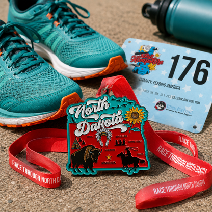 Virtualrunevent Race Through North Dakota medal featuring a detailed design, representing the 5K, 10K, half marathon, and 50 mile challenge.