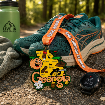 Virtualrunevent race medal featuring a running shoe design for Georgia virtual race events, including 1M, 5K, and 10K distances.