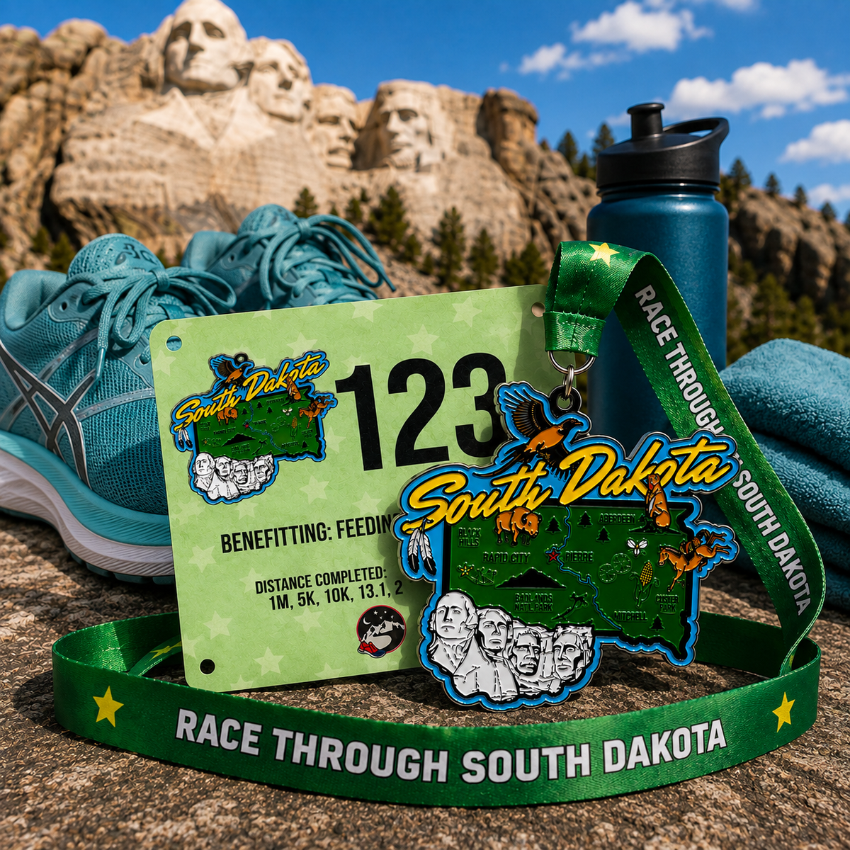 Medal for the Race Through South Dakota Virtual Race by VirtualRunEvent, featuring running shoes and event branding.
