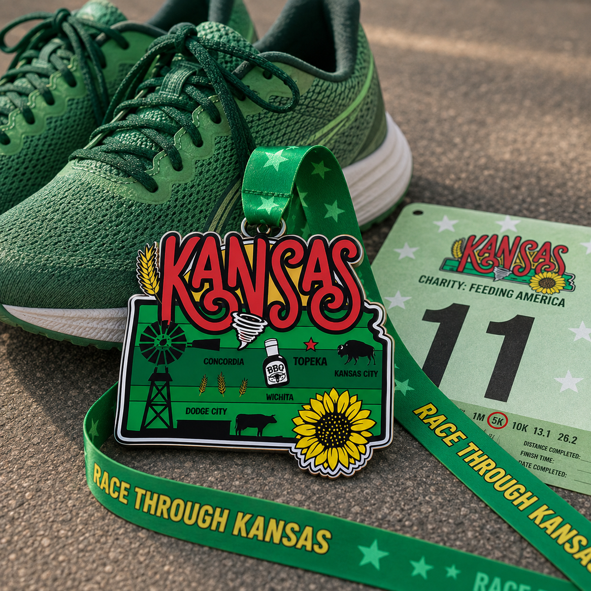 Virtualrunevent Race Through Kansas medal featuring running shoes and Kansas-themed design for 5K, 10K, half marathon, and 50 mile challenge.