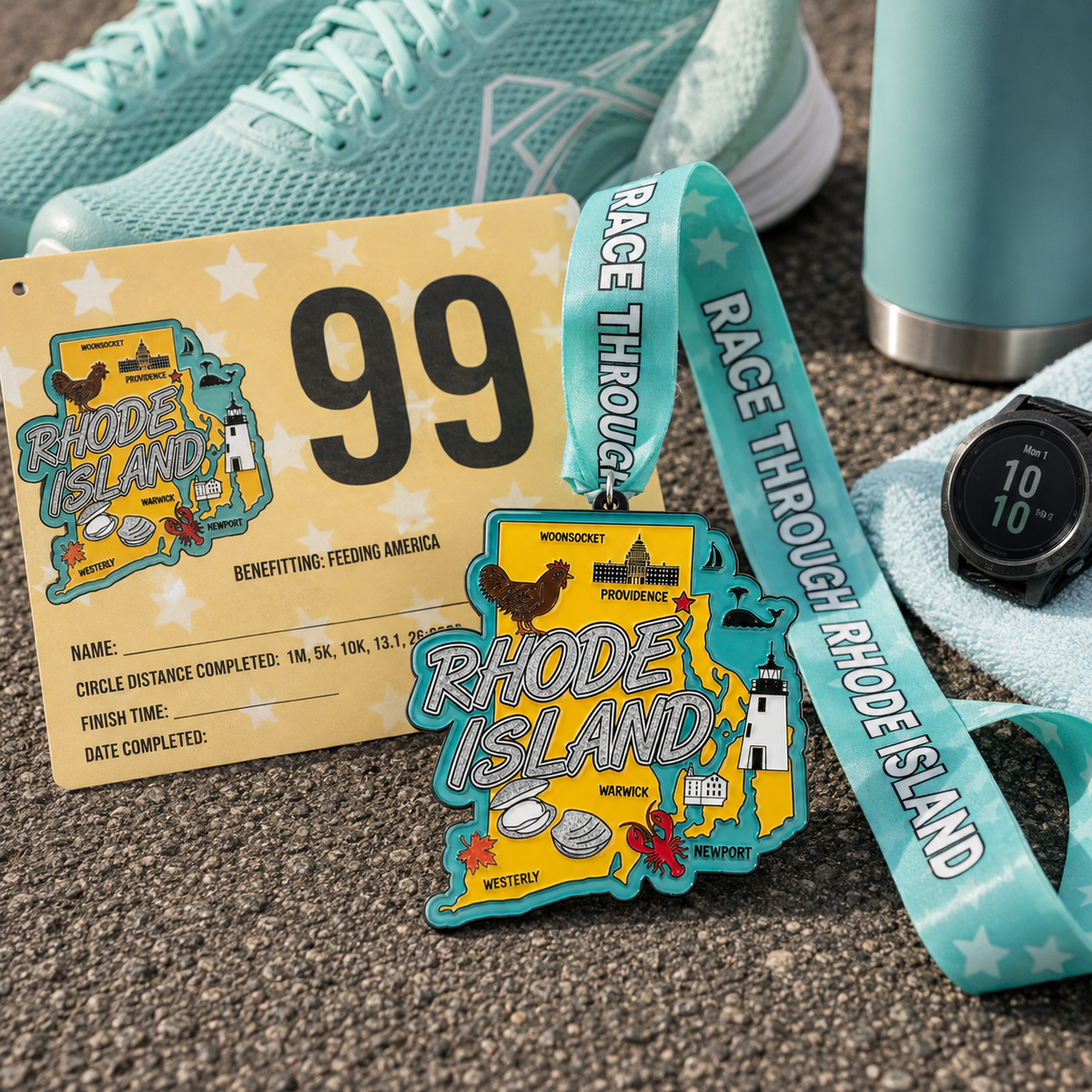 Medal for the Race Through Rhode Island Virtual Race by virtualrunevent, featuring a running shoe design and race details.