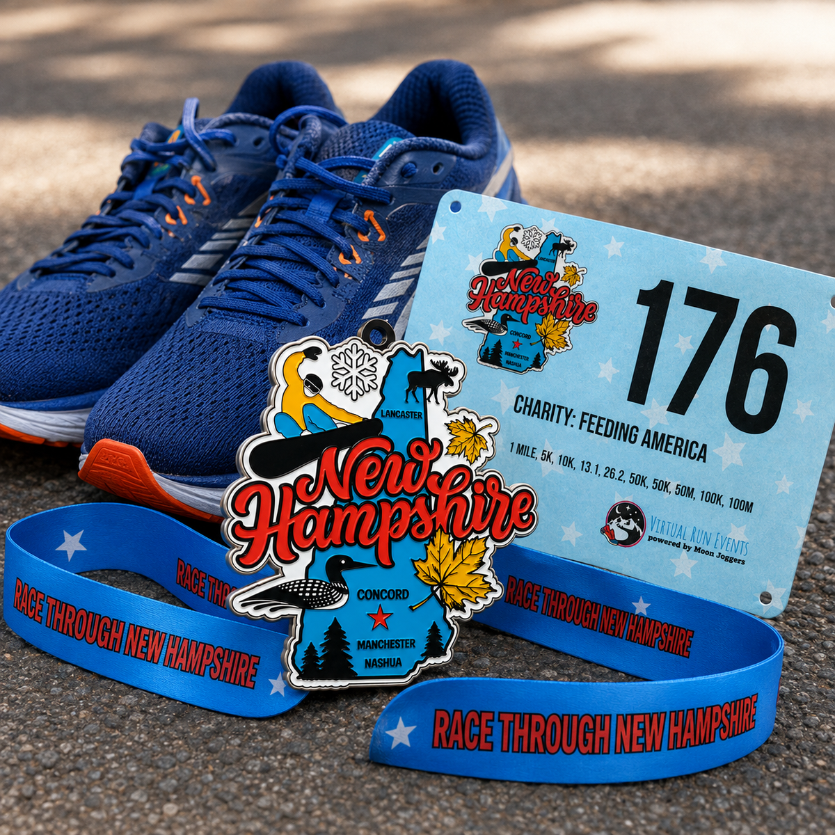 VirtualRunEvent medal and bib for New Hampshire race, featuring a colorful race-themed design and runner's bib with event details.