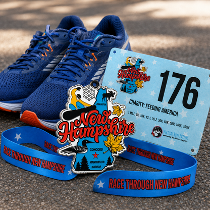 VirtualRunEvent medal and bib for New Hampshire race, featuring a colorful race-themed design and runner's bib with event details.