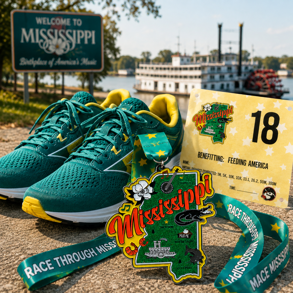Medal for the Race Through Mississippi Virtual Race featuring running shoes and scenic design, awarded for 5K, 10K, half marathon & 50-mile.