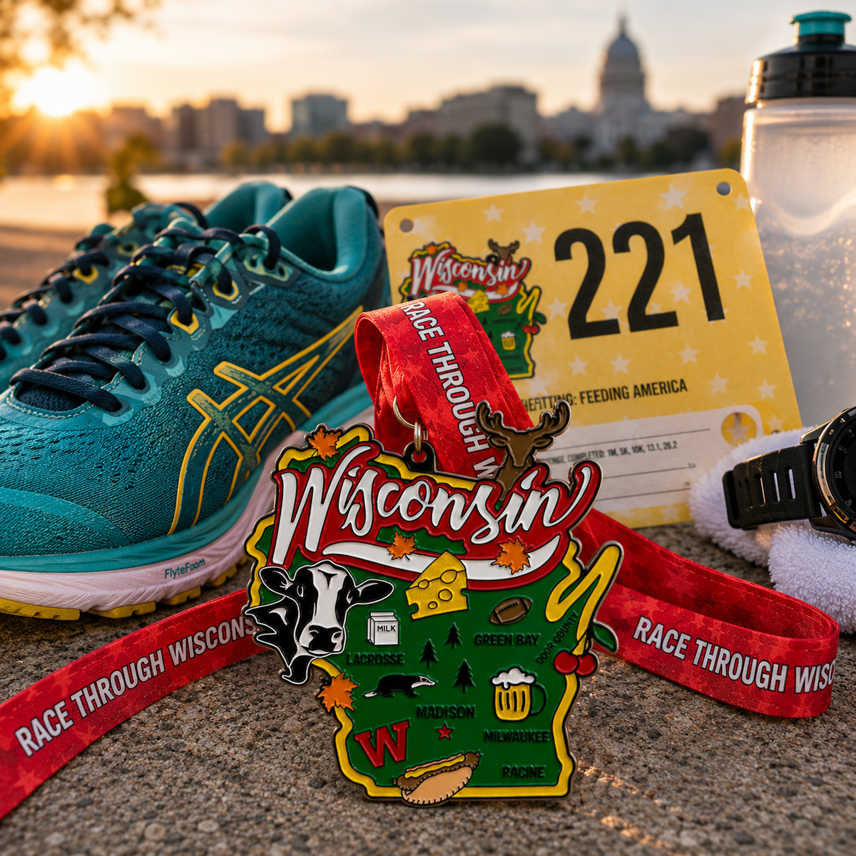 Virtualrunevent Race Through Wisconsin medal featuring Wisconsin landmarks and running motifs for 5K, 10K, half marathon, and marathon.