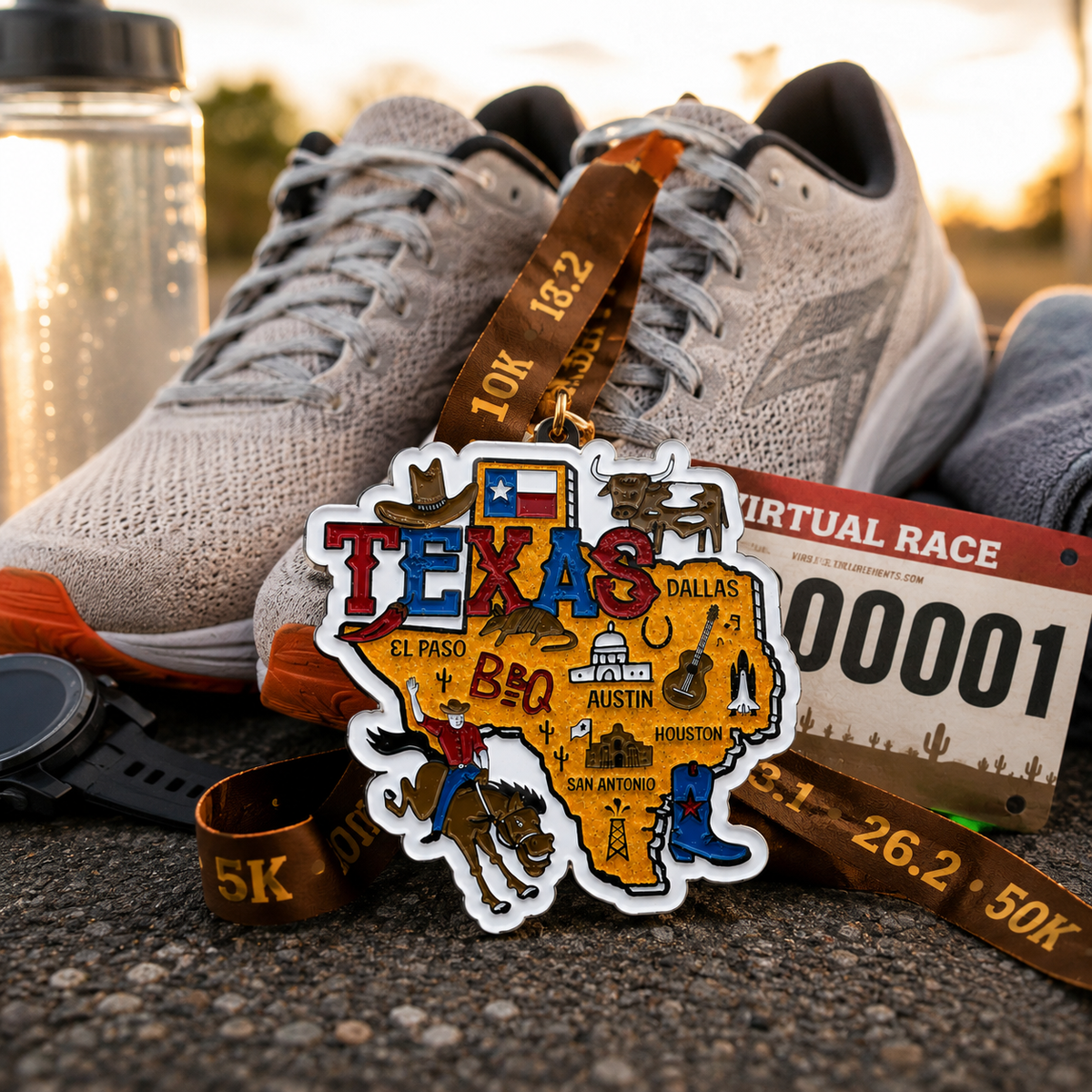 Virtualrunevent Race Through Texas medal featuring a running shoes design for 5K, 10K, Half Marathon, and 50 Mile Challenge finisher.