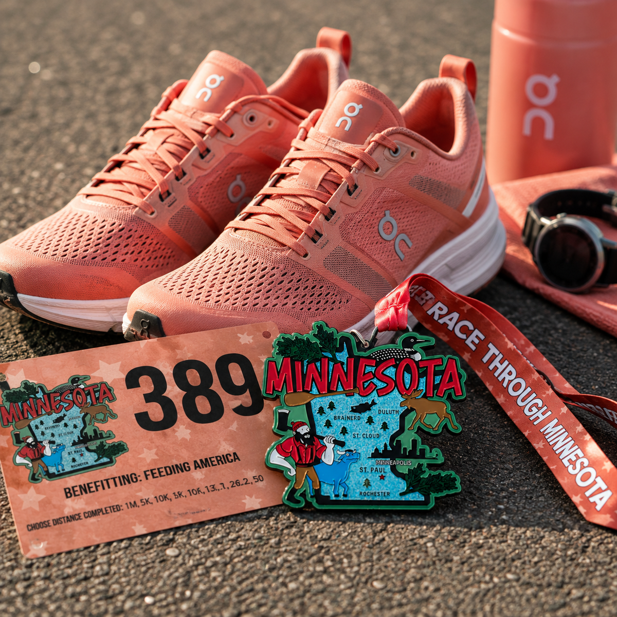 Medal for the Race Through Minnesota Virtual Race with running shoes design, celebrating 5K, 10K, half marathon, and 50 mile challenge.