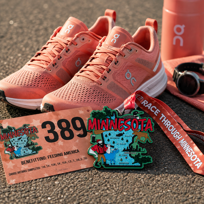 Medal for the Race Through Minnesota Virtual Race with running shoes design, celebrating 5K, 10K, half marathon, and 50 mile challenge.