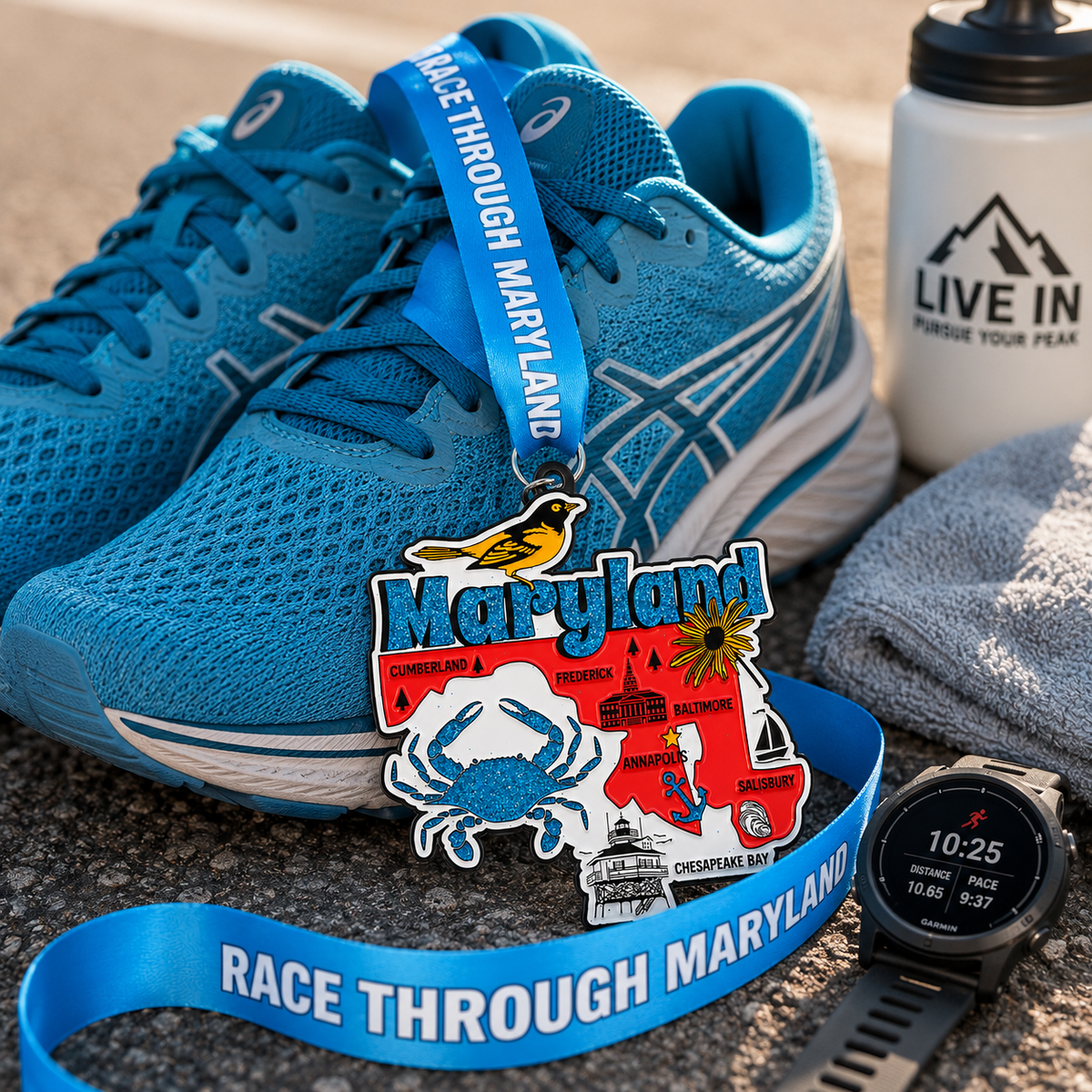 Virtualrunevent Maryland Race medal featuring a colorful design with running shoes and race details for 5K, 10K, Half Marathon, and 50 Mile.