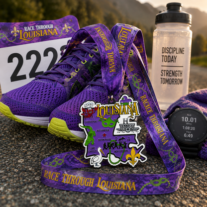 Virtualrunevent Race Through Louisiana medal featuring a colorful design and engraved text, awarded for completing 5K, 10K, or marathon challenges.