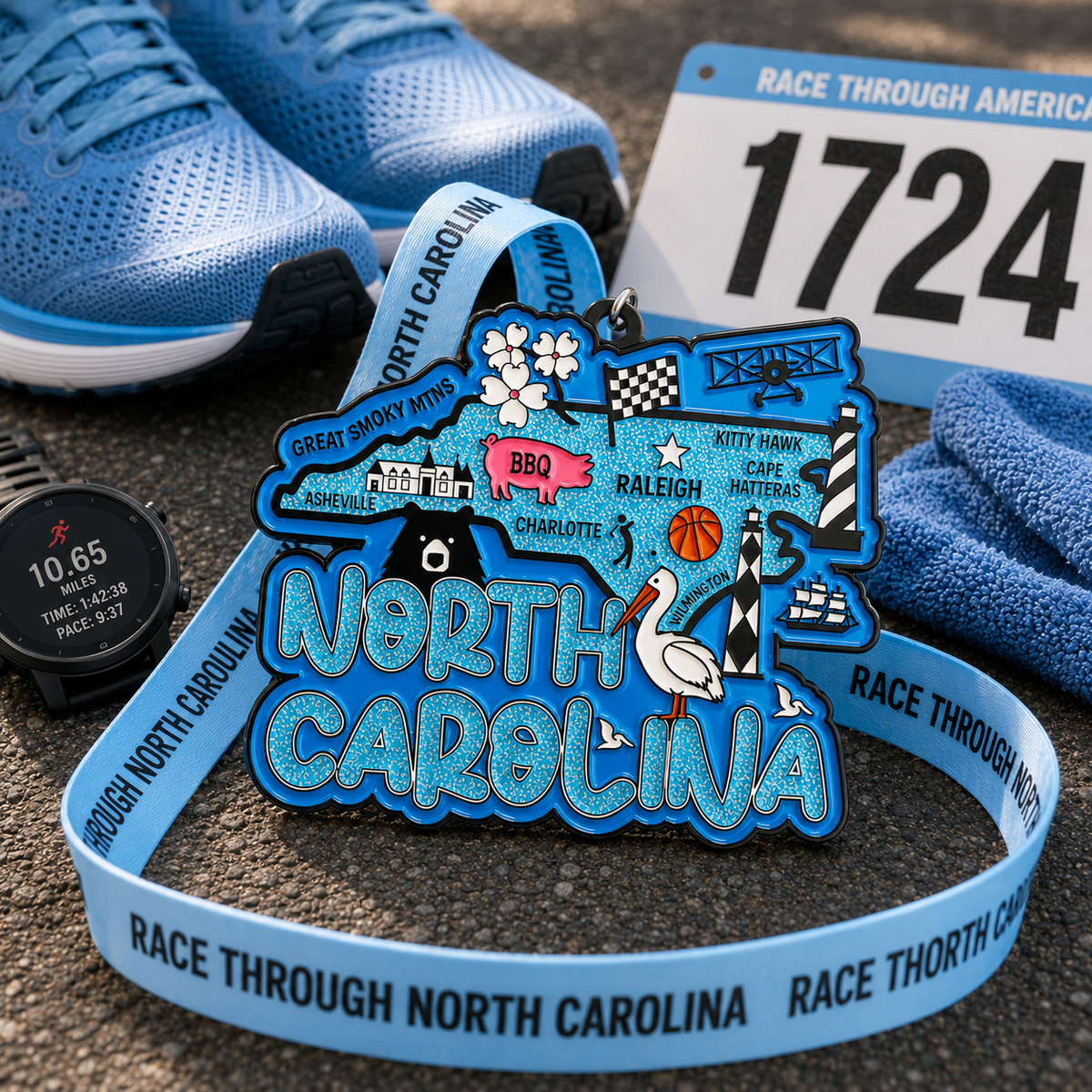Virtualrunevent North Carolina Race medal featuring a running shoe design for 5K, 10K, half marathon, and 50-mile challenge.