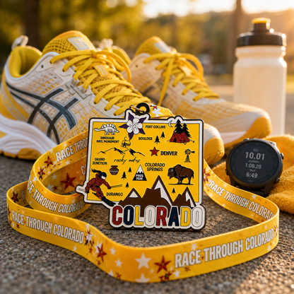 Virtualrunevent Colorado Race medal featuring a running shoe design, representing 5K, 10K, Half Marathon, and 50 Mile challenges.