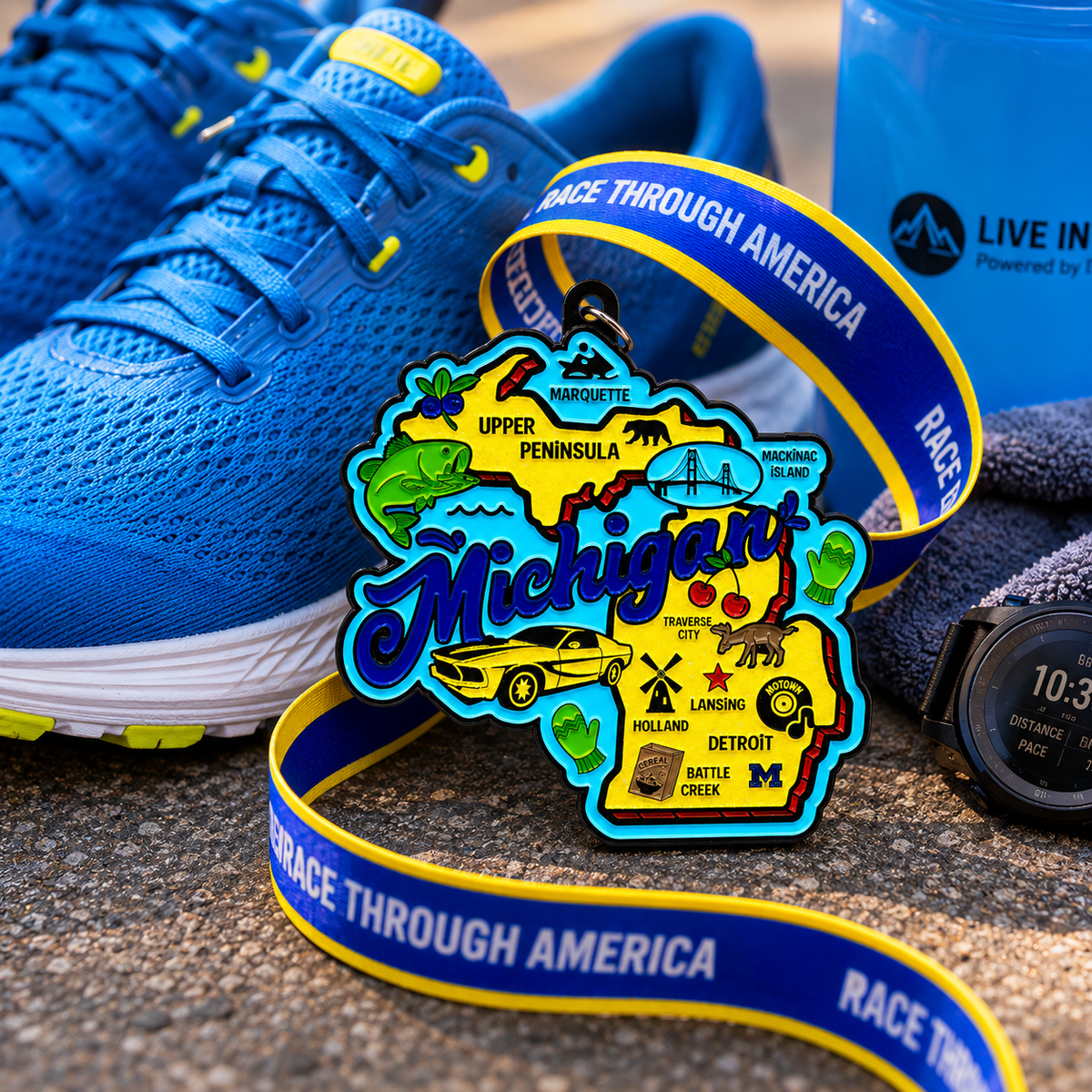 Michigan Virtual Race medal featuring runner shoes and event details for 1 mile, 5K, 10K, half, and marathon distances.