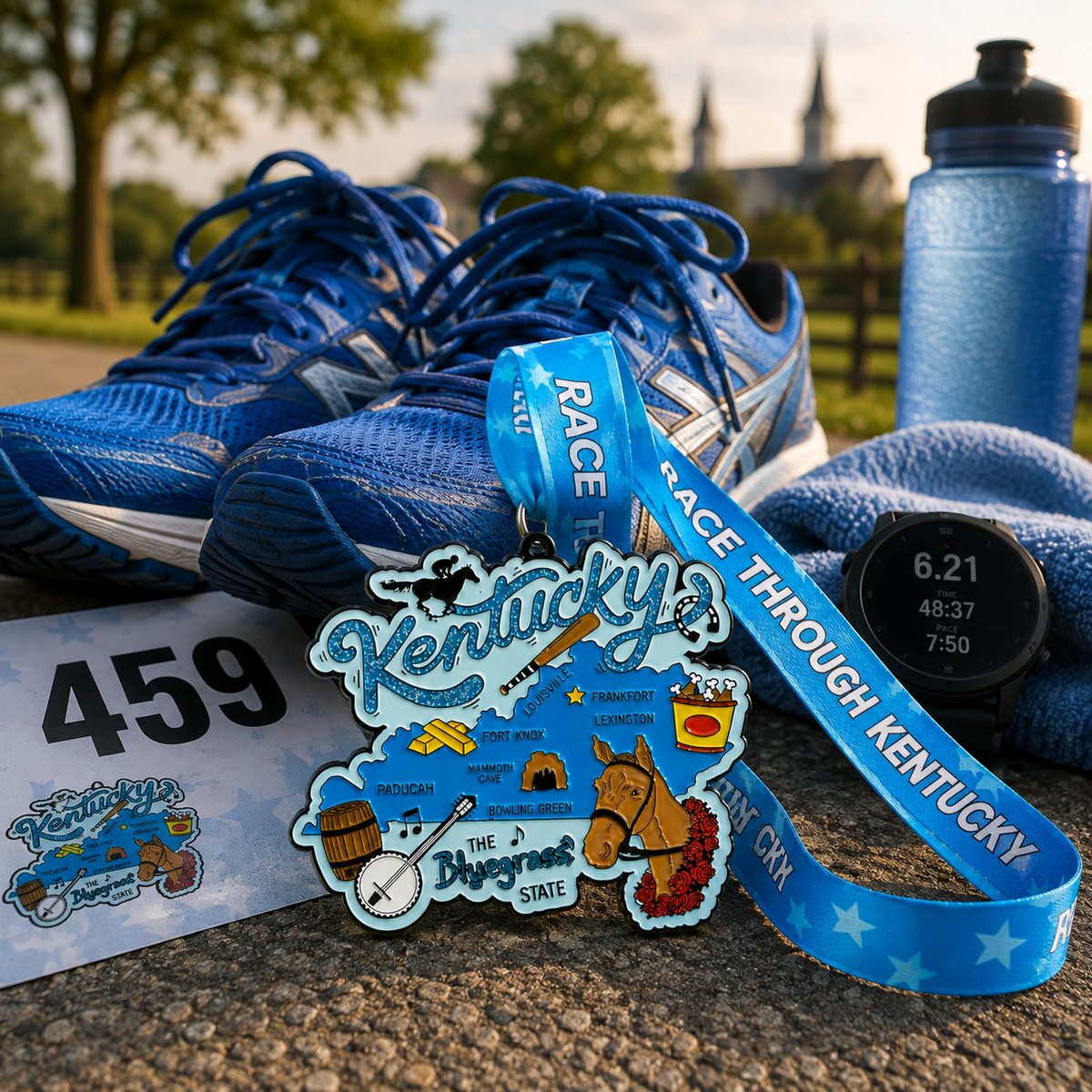 Virtualrunevent Race Through Kentucky medal featuring a running shoe design for 5K, 10K, half marathon, and 50-mile challenge.