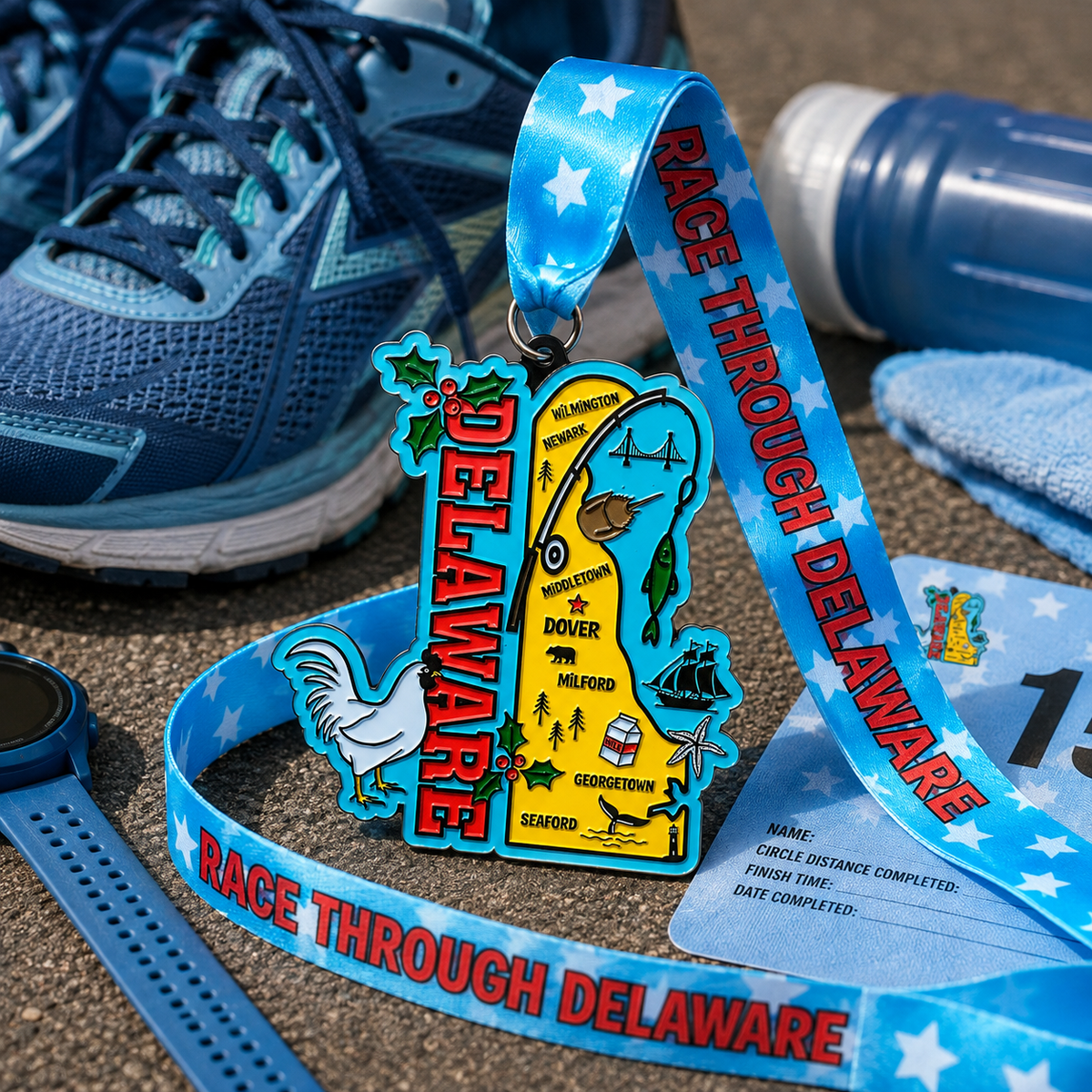 Silver medal for the Race Through Delaware Virtual Race featuring engraved race details and a decorative ribbon.