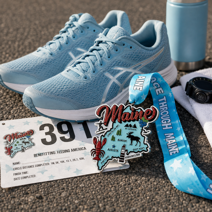 Virtualrunevent Maine Race medal featuring a running shoes design for 5K, 10K, half marathon, and 50 mile challenge finisher