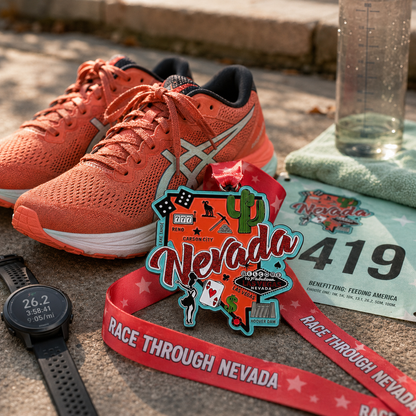 Virtualrunevent Race Through Nevada medal featuring a running shoe design for 5K, 10K, Half Marathon, and 50 Mile challenges.