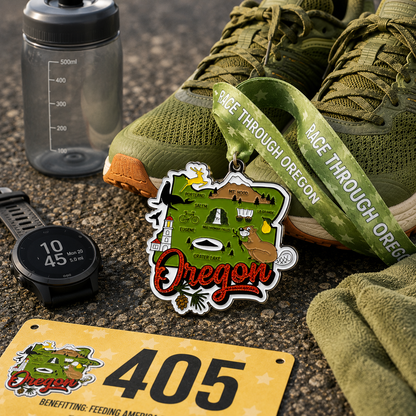 Medal for the Race Through Oregon Virtual Race by virtualrunevent, featuring a running shoe design on a metallic finish.