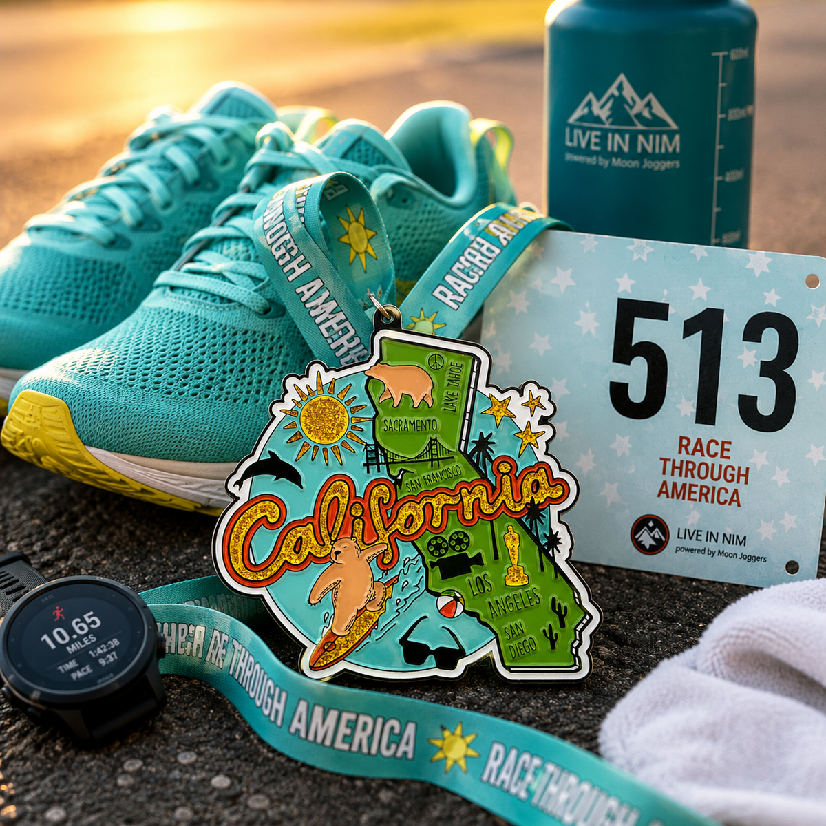 Virtualrunevent Medal for Race Through California Virtual Race, featuring a running shoes design for 5K, 10K, Half Marathon & 50 Mile.