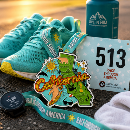 Virtualrunevent Medal for Race Through California Virtual Race, featuring a running shoes design for 5K, 10K, Half Marathon & 50 Mile.