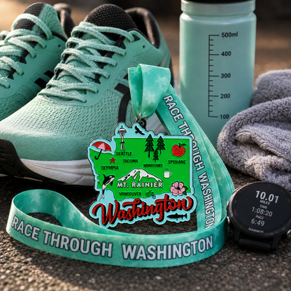 Virtualrunevent Race Through Washington medal with running shoes design for 5K, 10K, and half marathon virtual race finisher.