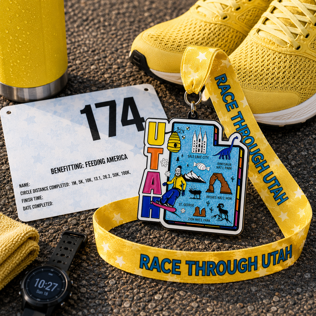 Virtualrunevent Utah Race medal featuring a running shoe design, commemorating 5K, 10K, Half Marathon, and 50 Mile challenges.