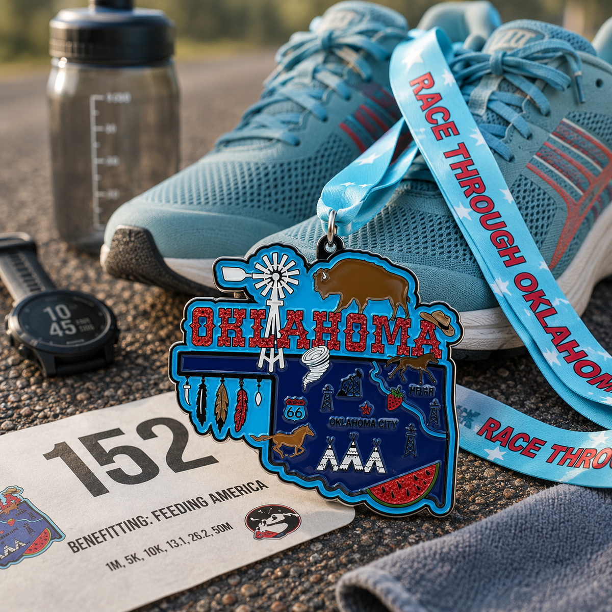 Virtualrunevent Race Through Oklahoma medal featuring vibrant Oklahoma map design with running shoes and race details.