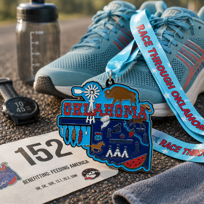 Virtualrunevent Race Through Oklahoma medal featuring vibrant Oklahoma map design with running shoes and race details.