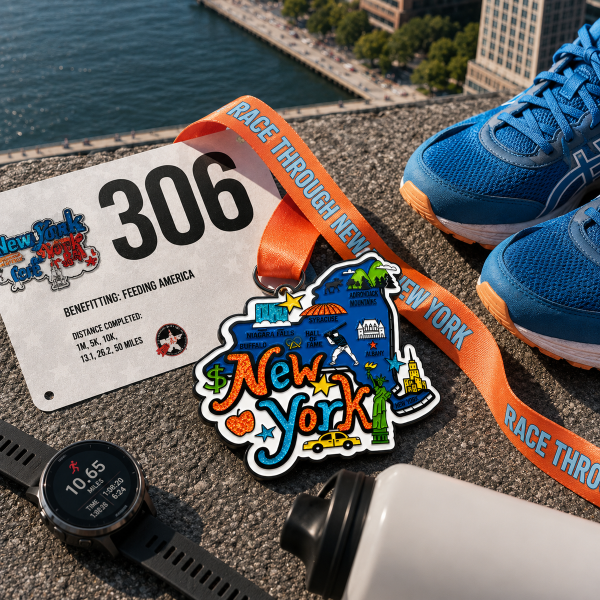 Virtualrunevent Race Through New York medal featuring a colorful design and New York City skyline for 5K, 10K, half marathon, and 50 mile challenge