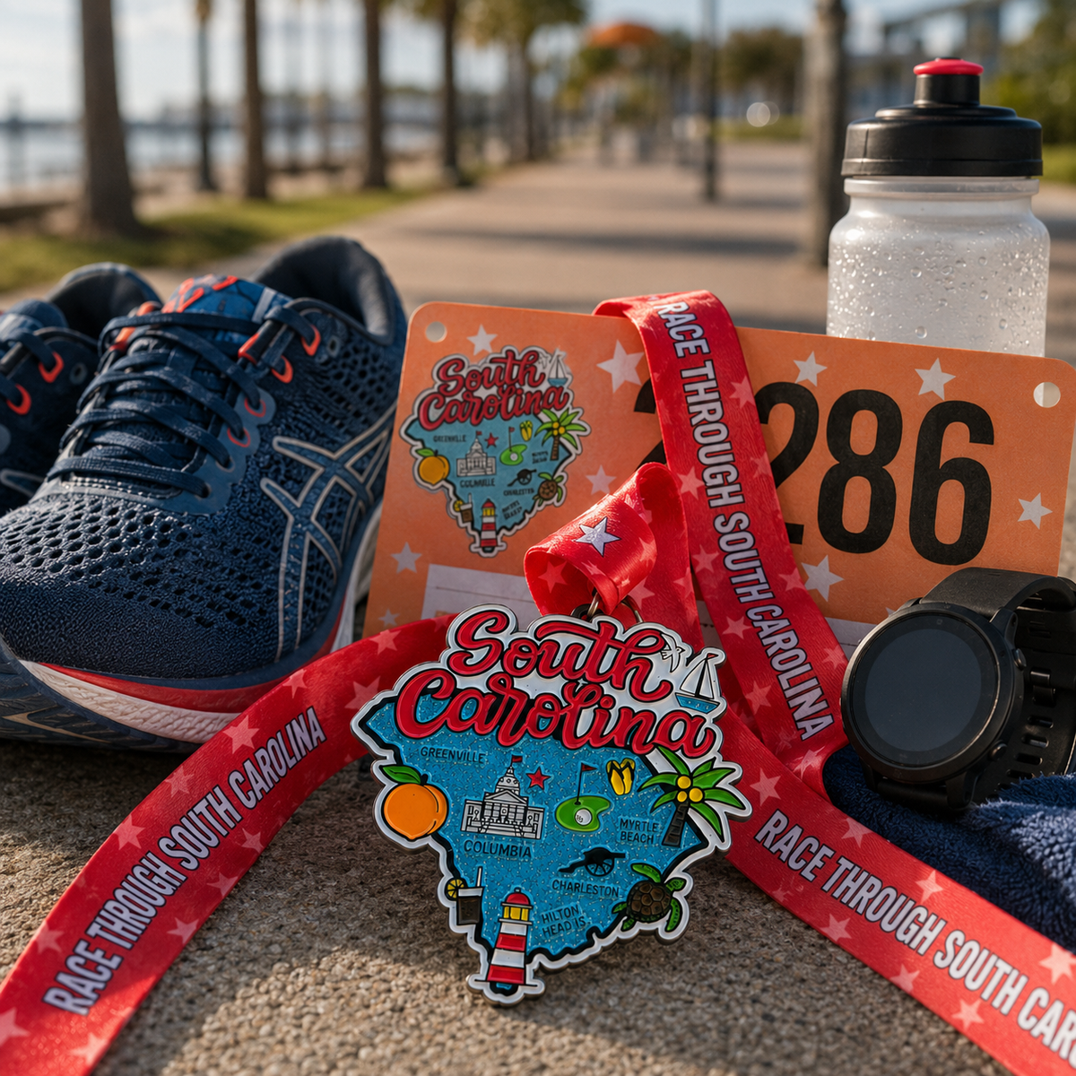 Virtualrunevent South Carolina Race medal featuring a runner silhouette and scenic design for 5K, 10K, half marathon, and marathon.
