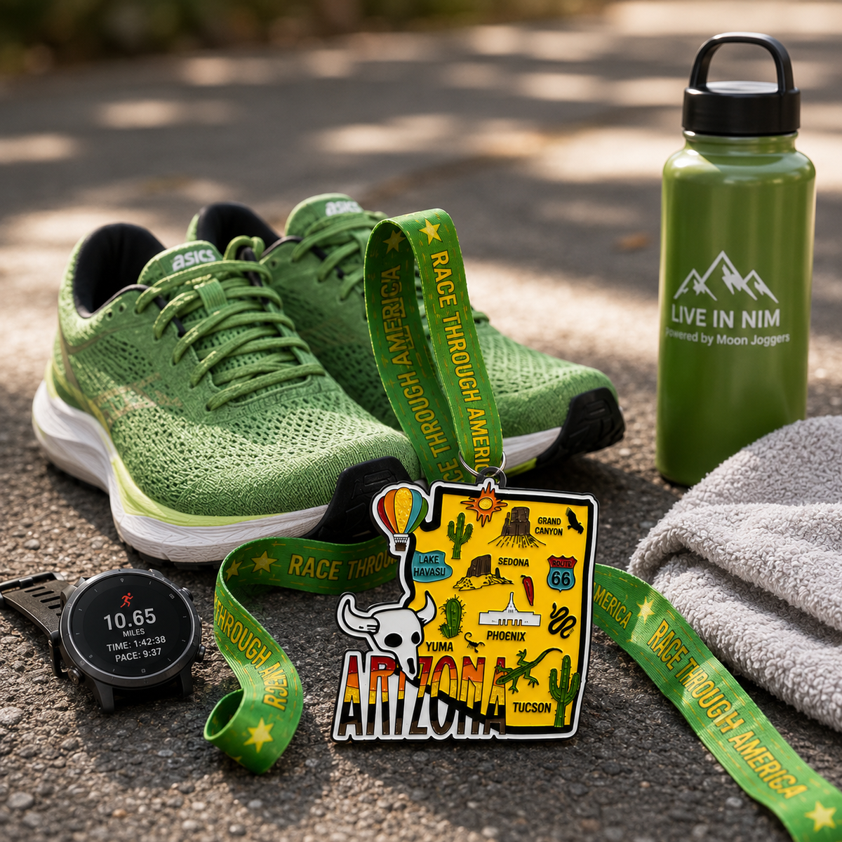 Virtualrunevent Race Through Arizona medal featuring a running shoe design, awarded for 5K, 10K, Half Marathon, and 50 Mile challenges.