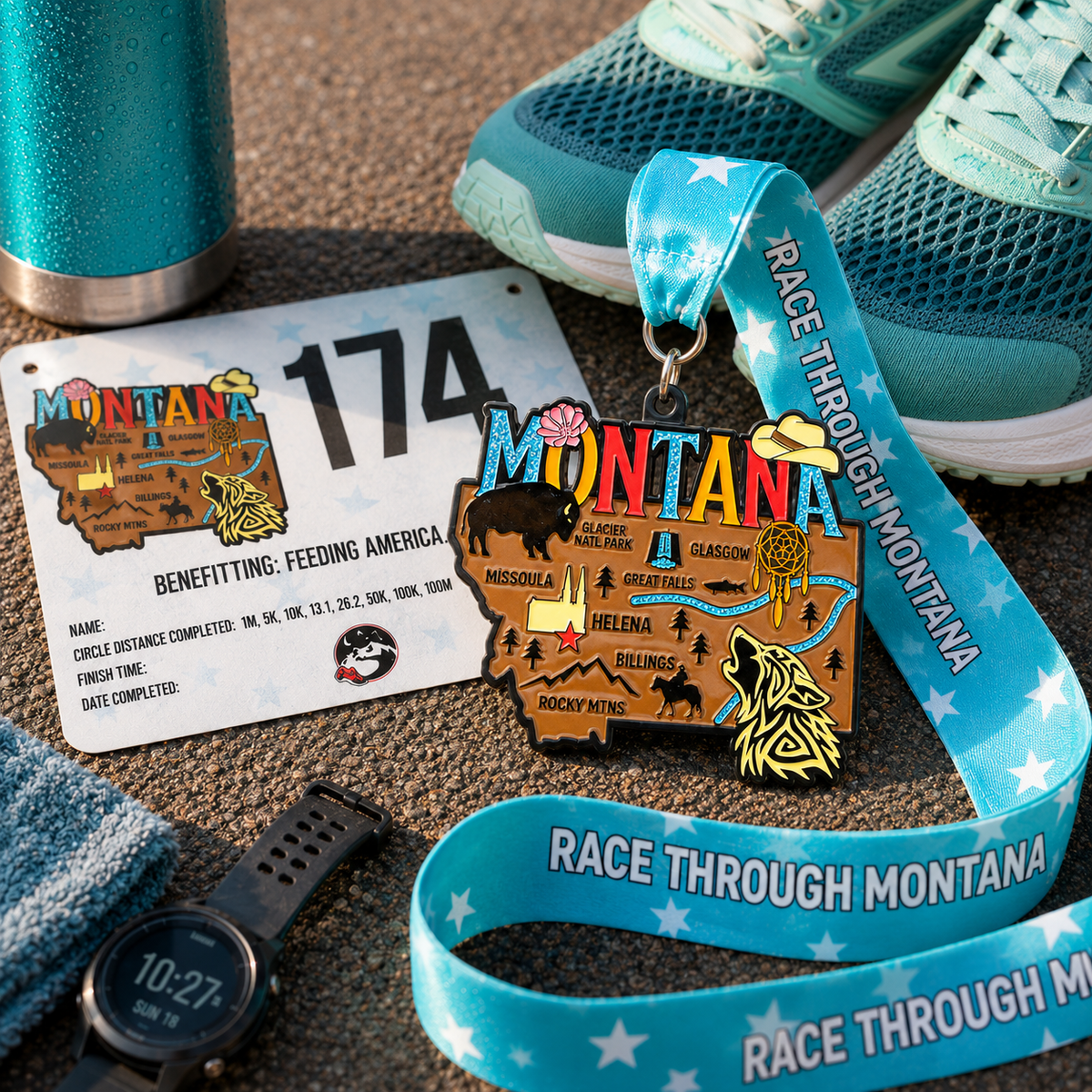 Medal for the Race Through Montana Virtual Race featuring running shoes design, awarded for 5K, 10K, Half Marathon, and 50 Mile Challenge.