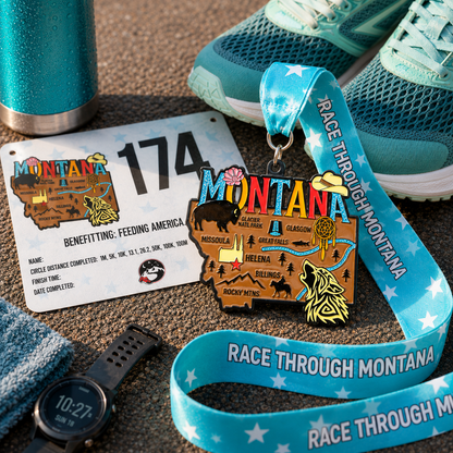 Medal for the Race Through Montana Virtual Race featuring running shoes design, awarded for 5K, 10K, Half Marathon, and 50 Mile Challenge.