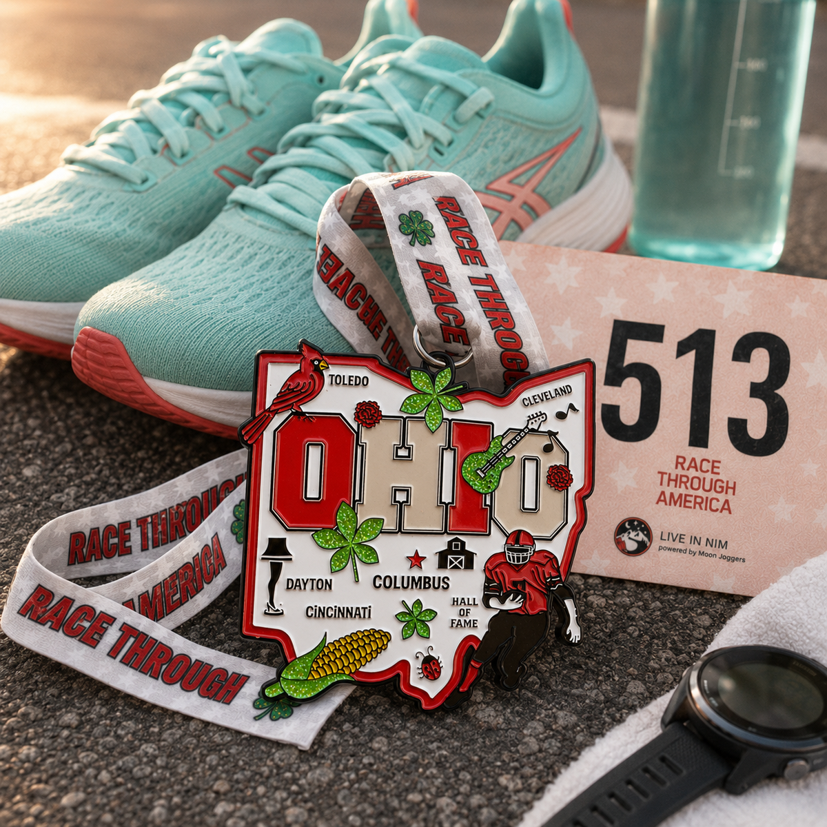 Virtualrunevent Race Through Ohio medal with colorful ribbon and detailed Ohio map design.