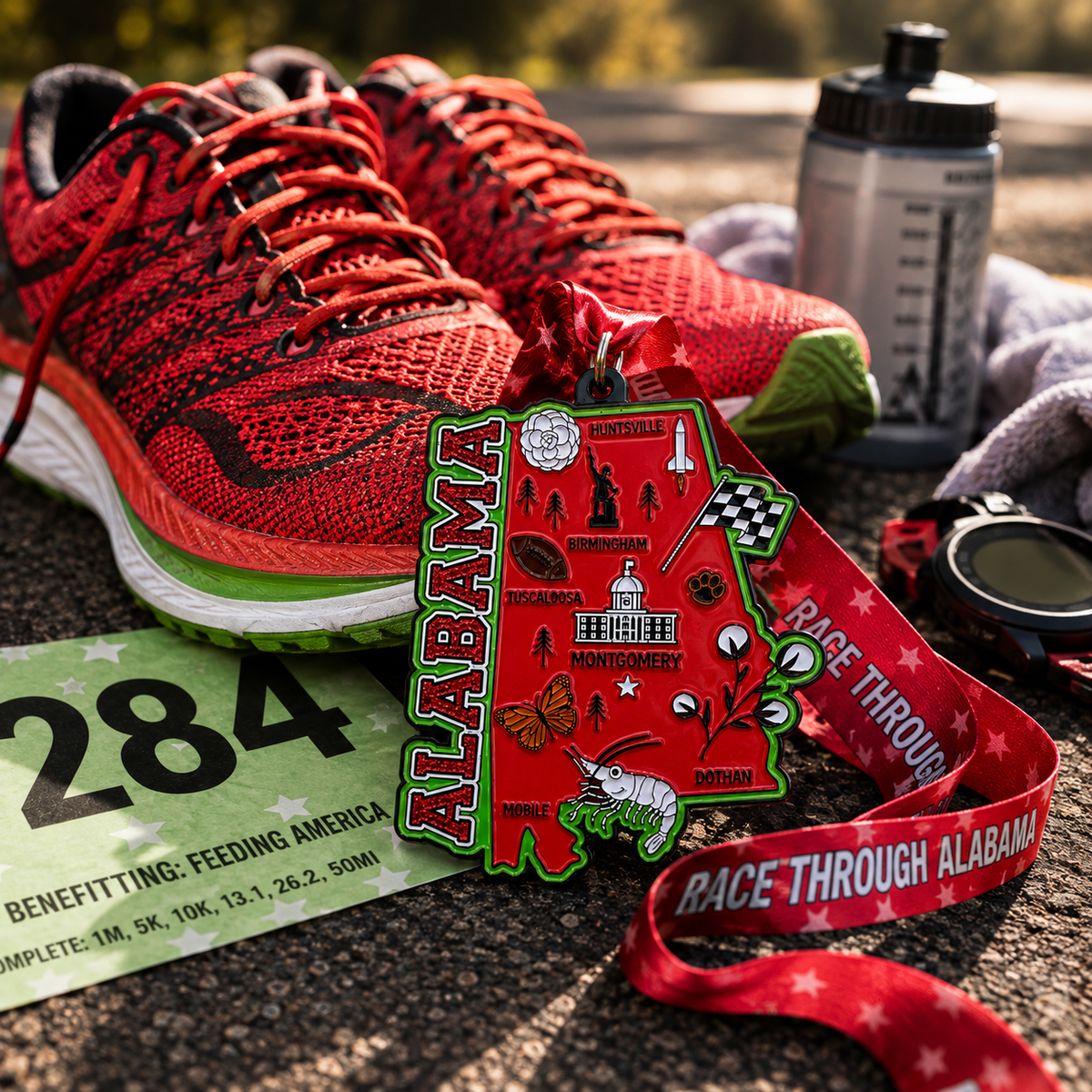 Virtualrunevent Race Through Alabama medal featuring a running shoe design for 5K, 10K, half marathon, and 50-mile challenge.