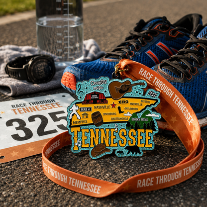 Race Through Tennessee virtual race medal featuring Tennessee landmarks, awarded for 5K, 10K, half marathon, and marathon participation.