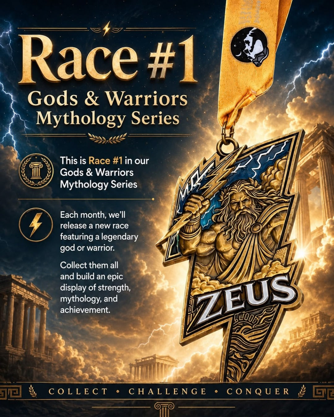 Zeus Race 2026 medal from the Gods & Warriors Virtual Running Series, featuring a detailed design of Zeus and mythological elements.