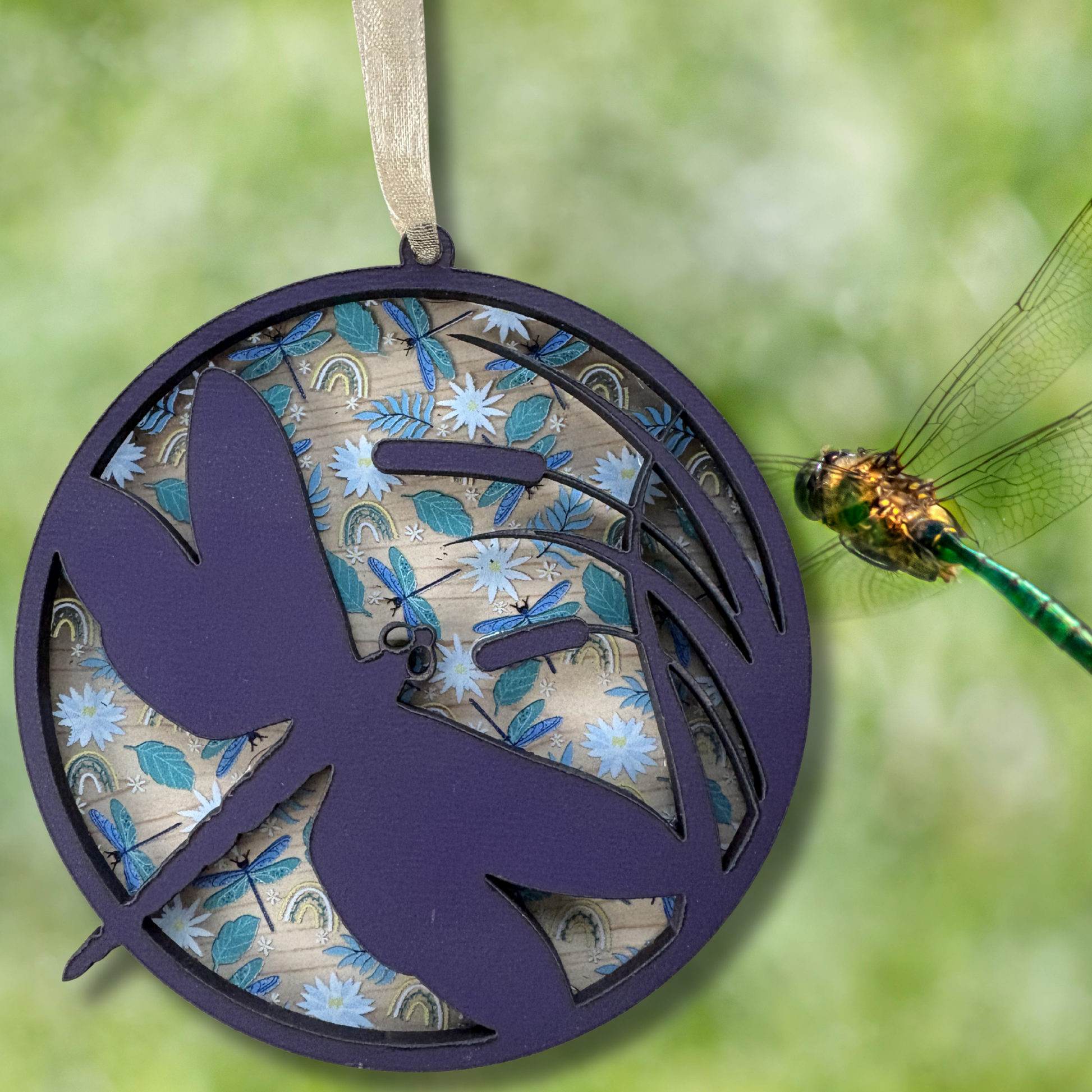 Layered wood and acrylic purple dragonfly ornament, 3.75 inches, showcasing intricate design and vibrant colors.
