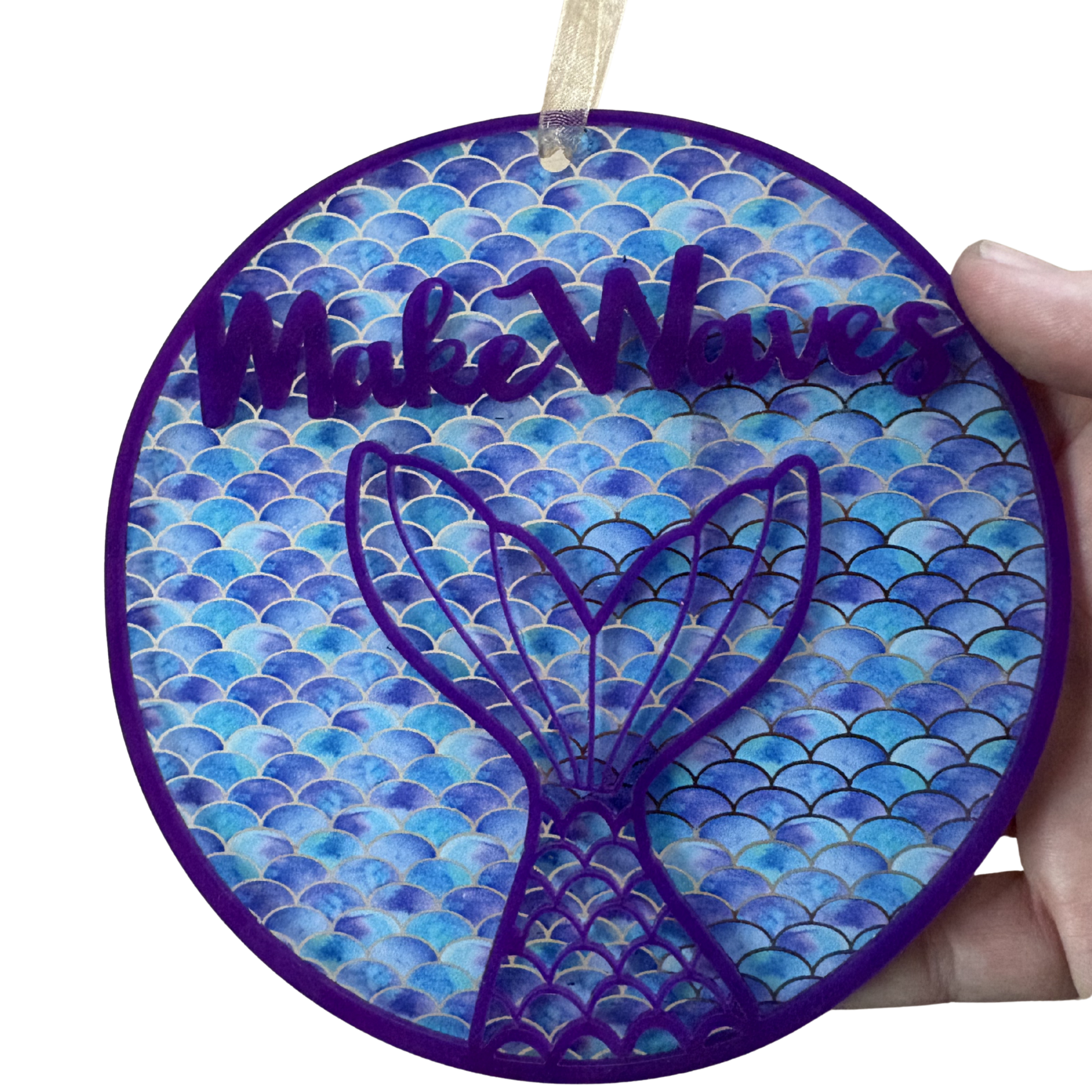 Layered acrylic mermaid ornament featuring ocean design, ideal for beach-themed holiday decor and gifts.