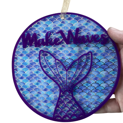 Layered acrylic mermaid ornament featuring ocean design, ideal for beach-themed holiday decor and gifts.